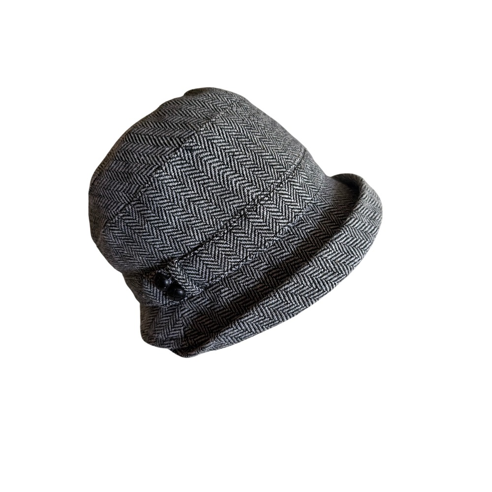 Nine West Cloche Hat Grey Herringbone Wool Blend Bucket Hat Button Accent